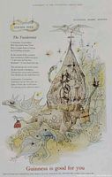 Front view of vintage Guinness advertisement featuring whimsical ship, bird with weathervane, fish, and poem text titled 'The Taxidermist' by Cousin Inez.
