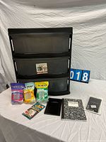 Full lot: 3-drawer chest, tie-dye kits, office items