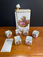 full lot showing decanter and 6 glasses