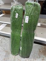 Two rolled synthetic turf rugs wrapped in clear plastic, standing upright on a floor. Each is approx 6.5 ft long.