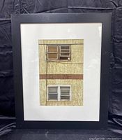Full view of framed digital print showing textured wall, windows, and dog.