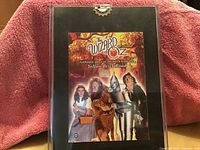 Front view of the framed Wizard of Oz collector card with the four main characters and an authentic brick piece from the Yellow Brick Road featured in a black frame.