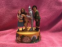 Front view of music box showing four main characters from The Wizard of Oz on top of a decorative round base.