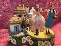 Wizard of Oz themed music box featuring figurines of Dorothy, Glinda the Good Witch, Munchkins, and two thatched roof houses, all detailed and colorful