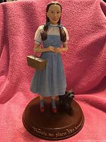 Porcelain figurine of Dorothy from The Wizard of Oz on a wooden base with inscription.