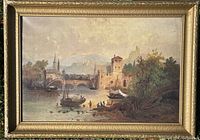 Full frontal view of the oil painting showing the landscape scene and ornate frame