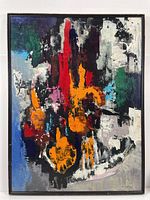 Full view of the abstract painting with frame showing vibrant, textured brushstrokes in multiple colors including orange, red, black, white, blue, green, and purple.