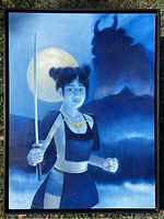 Full view of the blue toned signed painting of a girl holding a sword with a background shadow figure.
