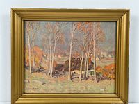 Full view of framed Clarence Gagnon print with gold frame and rural autumn scene.