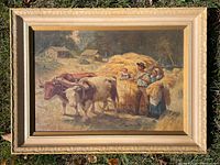 Full view of framed oil painting depicting the harvest scene outdoors