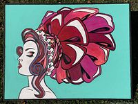 Front view of the large canvas painting showing the full profile of the woman with colorful headpiece against a teal background.