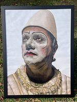 Full view of the framed print showing the clown portrait, establishing the entire artwork including frame and image size.