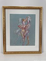 Full view of framed print showing three abstract humanoid figures in muted colors on textured grey background inside gold ornate frame.