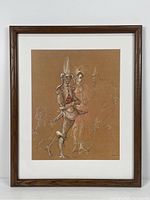Full framed artwork depicting surreal, stylized figures with intricate costume design on a brown background.