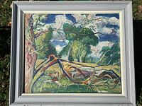 Full view of the oil painting on canvas in frame showing wooded landscape with fallen branches and grazing cows under a cloudy sky
