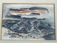 Frontal view of framed modernist watercolour painting depicting stylized mountainous landscape under dramatic sky