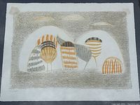 Unframed view of lithograph on ground showing entire print surface, deckled edges, abstract forms and areas of foxing/tape residue at corners