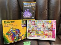 Photo showing three sealed boxed items: Crayola 3D Birdhouse Craft Kit, Sillbird Crystal Growing Science Kit, and 1000-piece Birthday Party Cakes puzzle, all placed on a leather chair.