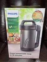 Photo shows the Philips Soupmaker Viva Collection product in its retail box showing the front side with product image, brand logo, and text describing soup making in 18 minutes.