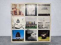 Front side of the double LP gatefold cover showing nine square photo blocks including band members, surreal images, and album-related artwork.