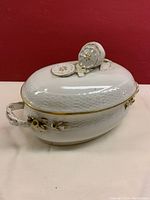 Front side view of entire oval tureen with lid on surface against red background