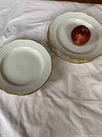 Stack of four luncheon plates with apple on top for scale, showing the gold trim and textured border pattern on white porcelain.