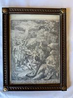 Overall view of the framed antique biblical scene print, showing detailed figures and surroundings.