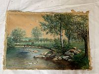 Original watercolour landscape painting of a river scene with trees, rocks, man fishing, and ducks, showing overall condition and composition.