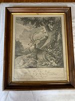 Full view of the framed antique copper plate engraving depicting a resting stag with large antlers beneath a large tree, showcasing the original wooden frame with gold trim around the print.