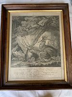 Full view of the framed engraving showing two deer under a tree.