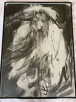 Full view of framed original drawing depicting the abstract form of a goat with dynamic shading and brush strokes in black and white, signed by Sally Glanville.