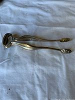 Full view of the silver sugar tongs laying flat on cloth, showing shape and design.