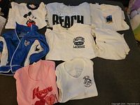 Lot of vintage shirts laid out on floor showing 8 items featuring various prints including Mickey Mouse and Hearts.