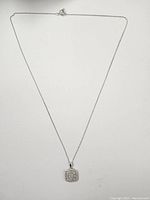 Full view of the complete necklace laid flat, showing the delicate chain and pendant shape.