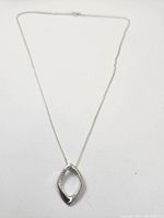 Full view of necklace with pendant laid out showing chain length and pendant shape.