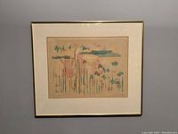 Full view of framed lithograph titled 'Summer Fun' by Libby Altwerger, depicting abstract flowers and vertical lines in pastel colors.