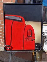 Front view of the painting showing bold red and black abstract shapes in a black frame.