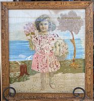 Full view of the framed mixed media artwork showing the girl, background and frame details.