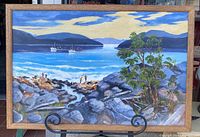 Full view of the acrylic painting showing coastal landscape, rocky shore, people, boats and mountains with tree on the right.
