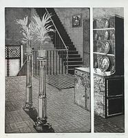 Close-up photo of the lithograph print showing the detailed line work, plants on columns, staircase, and decorative shelves, with signature and numbering visible.