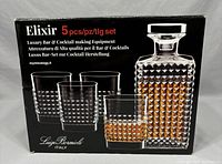 Box of Luigi Bormioli Elixir 5-piece luxury bar and cocktail set showing decanter and glasses.