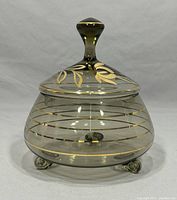 Front view of the vintage Bohemian smoke glass candy dish with lid on, showing gold leaf design and curved form with gold line bands.
