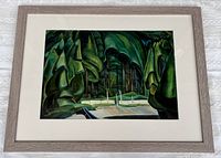 Full view of framed print showing grey wood-look frame, off-white mat, glass over artwork