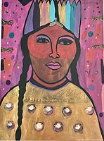 Close-up image of the colorful, stylized Native woman portrait with vibrant colors and shell decorations on garment.