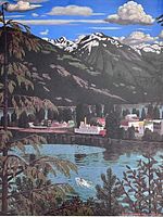 Close-up of the print showing the detailed landscape scene of Kaslo with mountains, lake, boats, and town buildings.