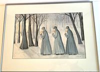 Frontal view of watercolour painting of three cloaked figures in a misty forest, showing signature C. Eecloo lower right and visible image area.