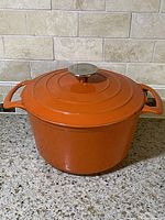 Orange cast iron enamel Dutch oven with lid on countertop, shows outer side and lid with metal knob.