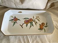Top view of vintage Royal Worcester Evesham Gold rectangular serving dish showing fruit decoration and gold rim.