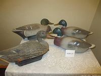 Photo showing four duck decoys on a table including three mallards with typical green heads and one black duck with darker coloring.