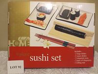 Photo of the boxed sushi set showing the contents included and the packaging.